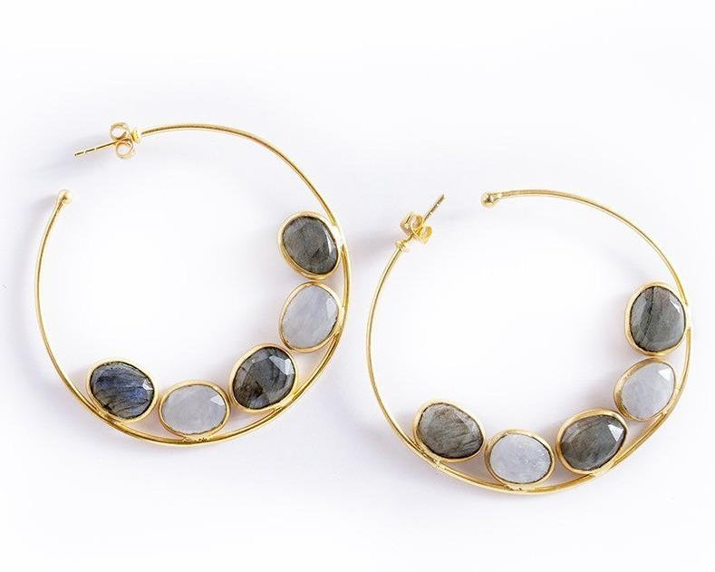 Luna flat gemstone hoops in labradorite and moonstone - Statement Pieces