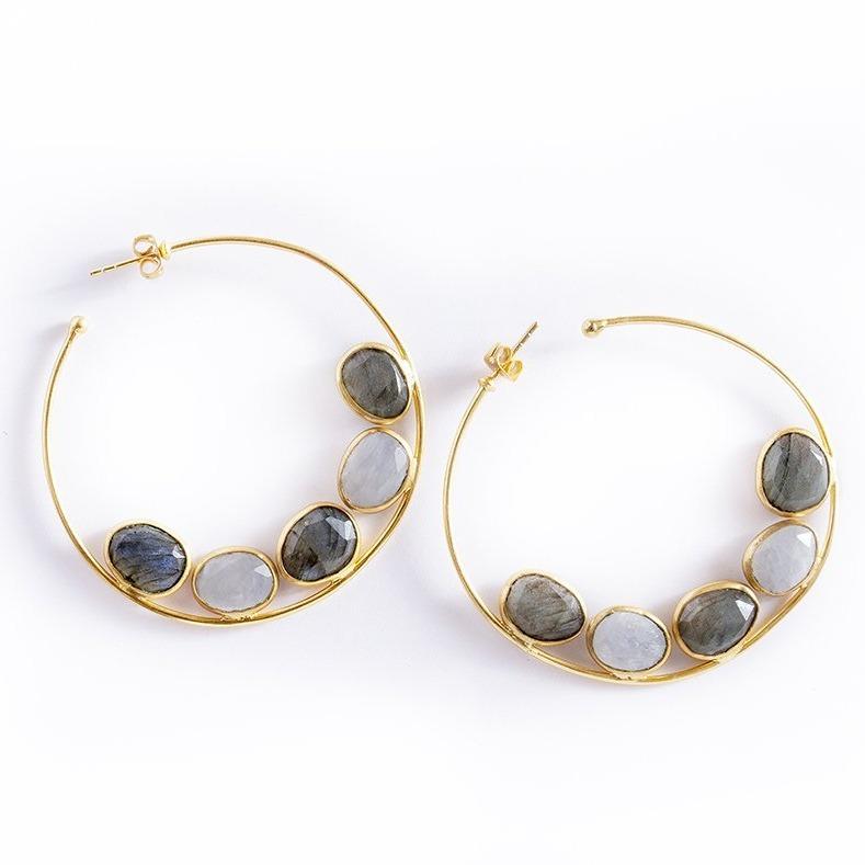 Luna flat gemstone hoops in labradorite and moonstone - Statement Pieces